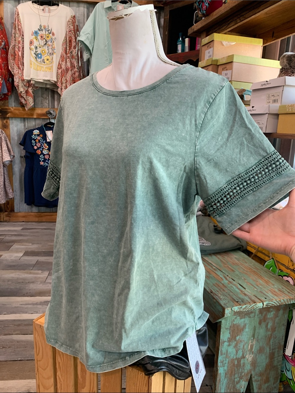 #151 Leo & Nicole Sage Green Crochet-Trim Short Sleeve Tee